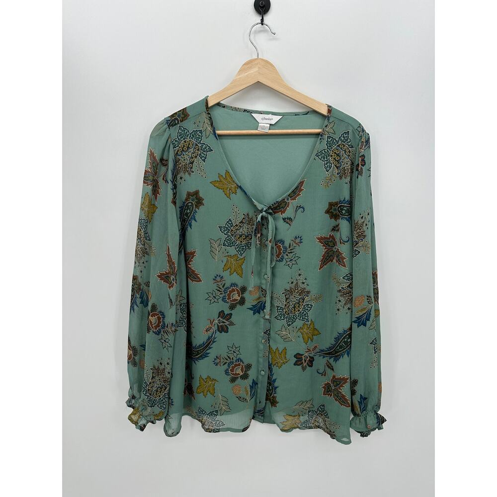 CJ Banks Womens Green Floral Button Front Peasant Blouse Size 1X Fall Boho Sheer